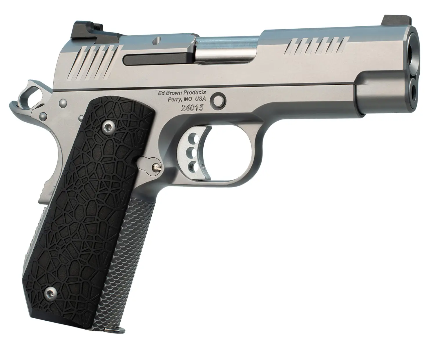Ed Brown EVOKC9 1911 EVO KC9 9mm Luger 9+1 4" Barrel, Snakeskin Serrated Stainless Steel Bobtail Frame, Serrated Slide w/Recessed Slide Stop, Black G10 Grip