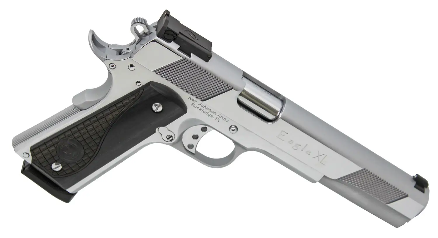 Iver Johnson Arms EAGLEXLC45 1911 Eagle XLC 45 ACP 6" 8+1 High Polished Bright Chrome Long Slide Diamondwood Walnut w/Logo Grip Adjustable Sights