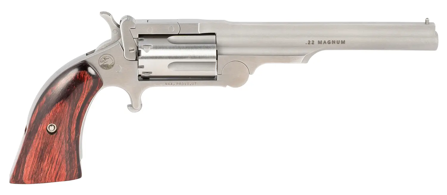 North American Arms 22MR4 Ranger II 22 WMR Caliber with 4" Barrel, 5rd Capacity Cylinder, Overall Stainless Steel Finish & Rosewood Boot Grip