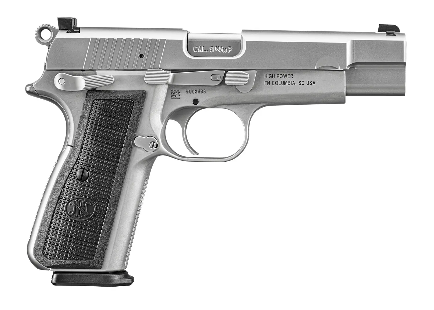FN 66101116 High Power 9mm Luger 10+1 4.70" Black Target Crown Steel Barrel, Stainless PVD Serrated Steel Slide, Matte Stainless Steel Frame w/Beavertail, Black Textured Polymer Grip, Ambidextrous