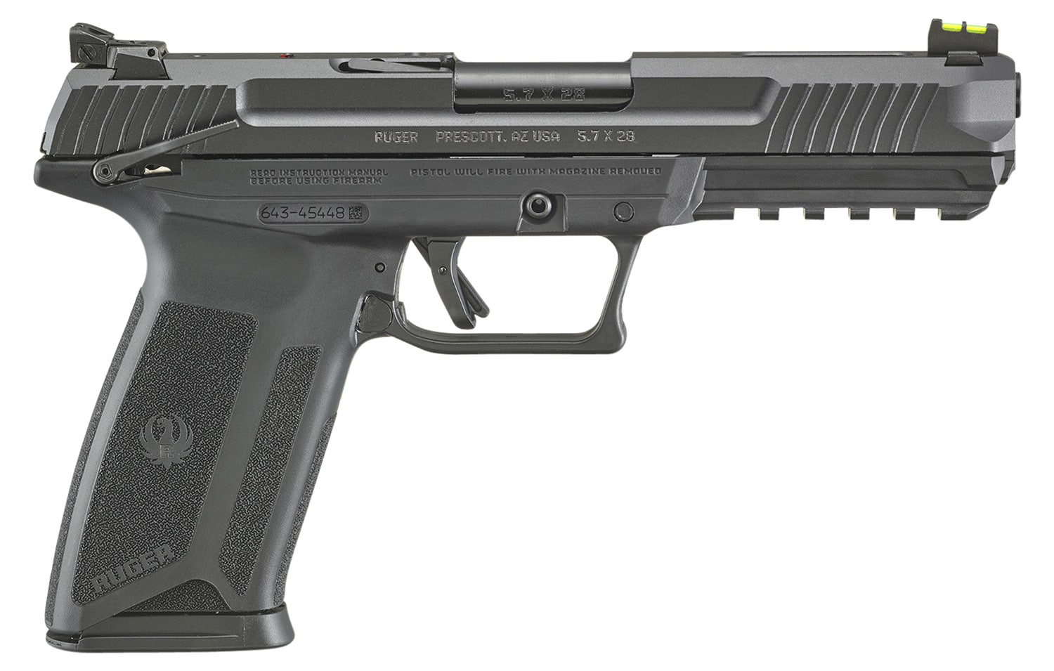 Ruger 16401 Ruger-5.7 5.7x28mm 4.94" Barrel 20+1, Black Polymer Frame With Picatinny Acc. Rail, Drilled & Tapped Lightening Cut Steel Slide, Ambidextrous Safety, Optics Ready