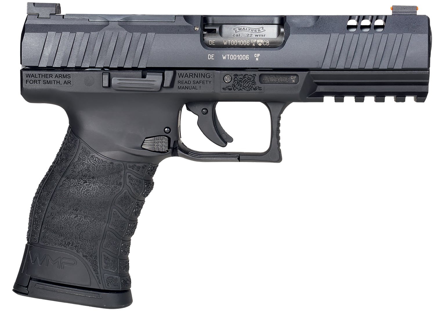 Walther Arms 5220302 WMP Optic Ready 22 WMR 10+1 4.50" Stainless Steel Barrel, Black Optic Ready/Serrated Slide, Black Polymer Frame w/Picatinny Rail, Black Polymer Grip, Right Hand