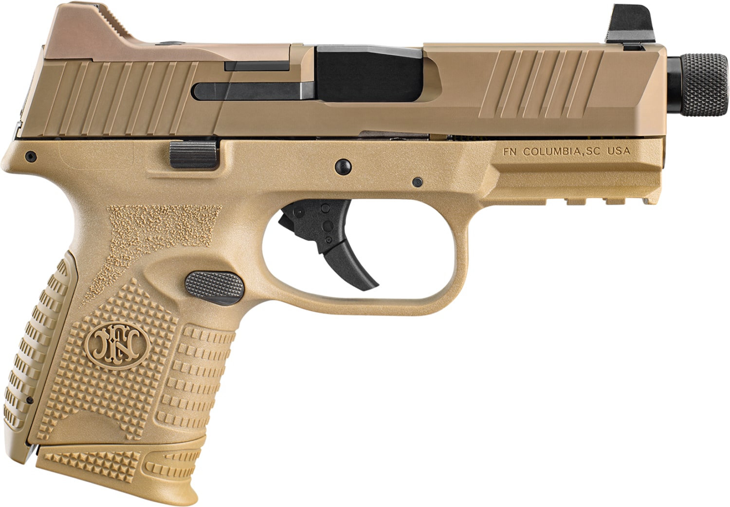 FN 66100781 509CT Compact 9mm Luger 10+1, 4.32" Black Steel Threaded Barrel, Flat Dark Earth PVD Optic Cut/Serrated Stainless Steel Slide, Flat Dark Earth Polymer Frame w/Picatinny Rail, Ambidextrous